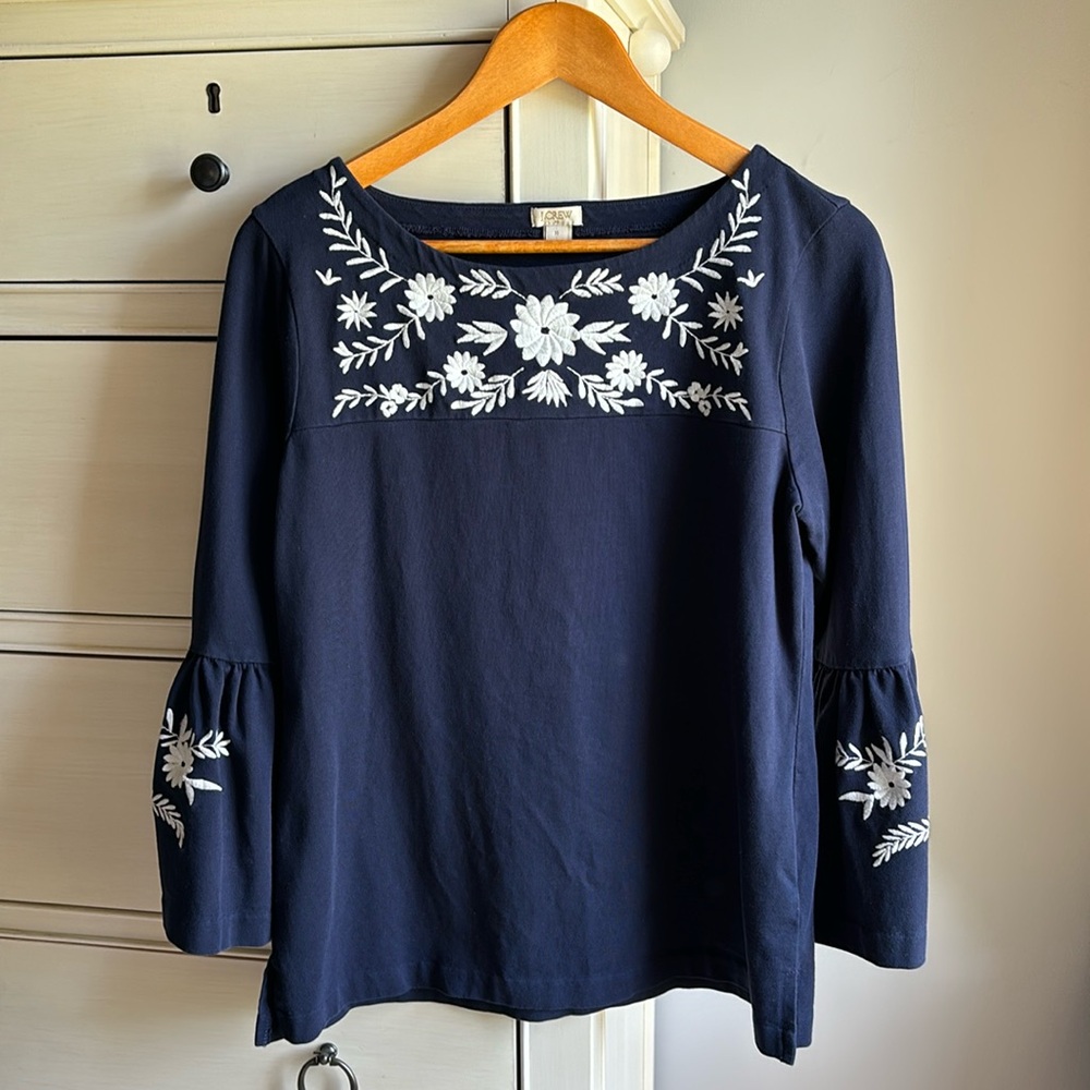J Crew Navy & White Embroidered Shirt. Size Medium